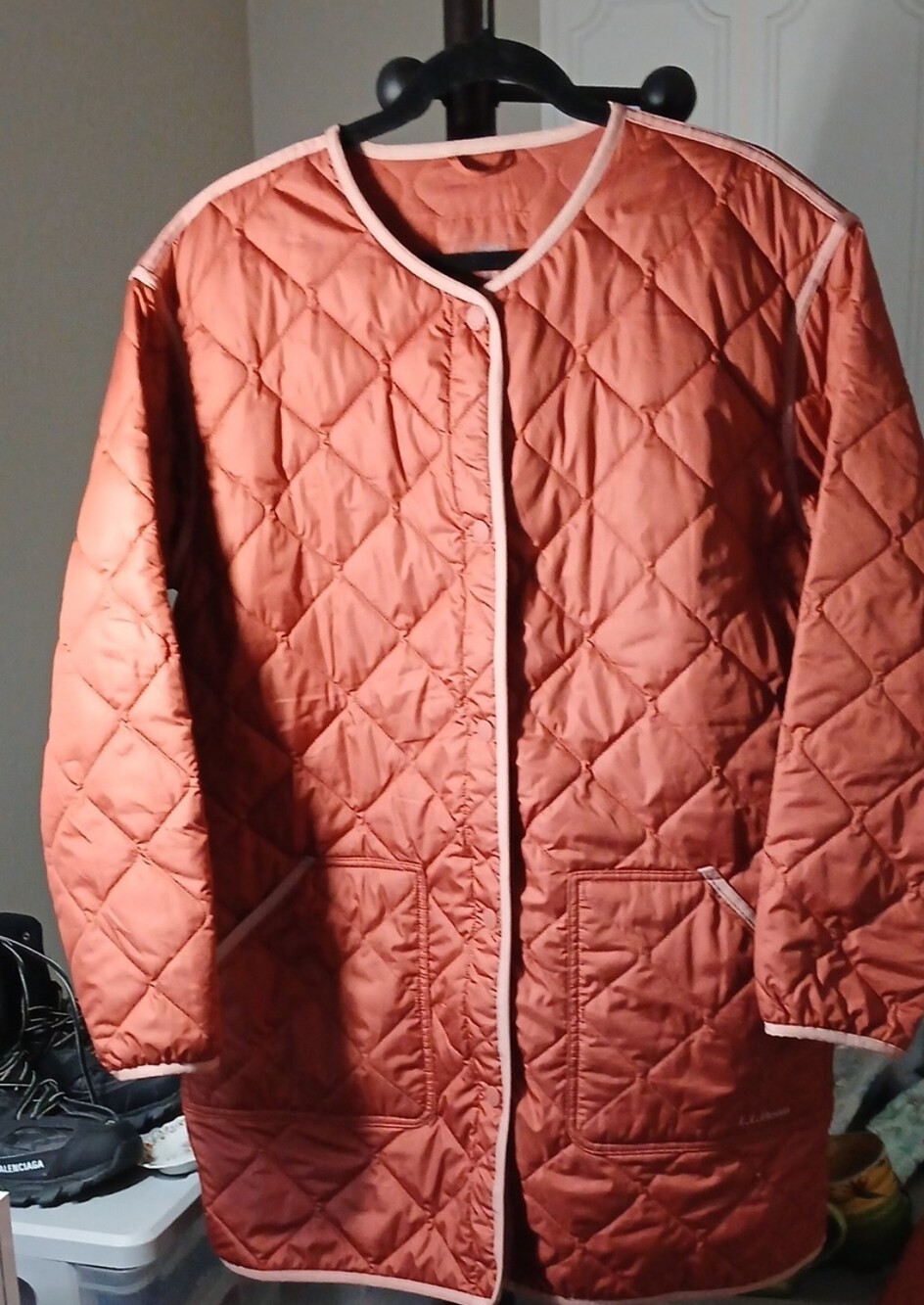 L.L. Bean Quilted Longline Puffer Jacket in Rust with Pinkish Trim